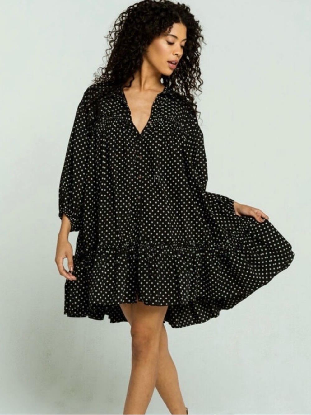 Free People Full Swing Tunic Ruffle Hem Dress Black Combo Sz Large